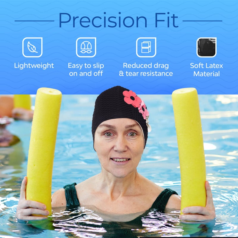 Beemo Latex Swimming Cap for Women, Swim Cap for Long Hair or Short Hair, Bath & Swim Caps to Shield Hair from Damage, Use as Large Shower Cap, Black Swimming Cap with Pink & White Flowers - Image 4